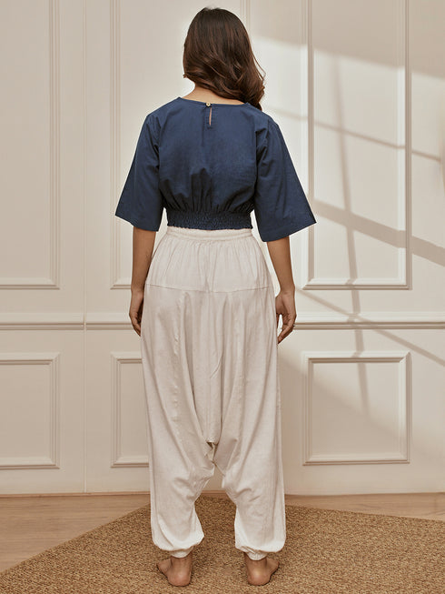 Women's Navy Blue Cambric Cotton Crop Top With White Cotton Lycra Harem Pants Yoga Set